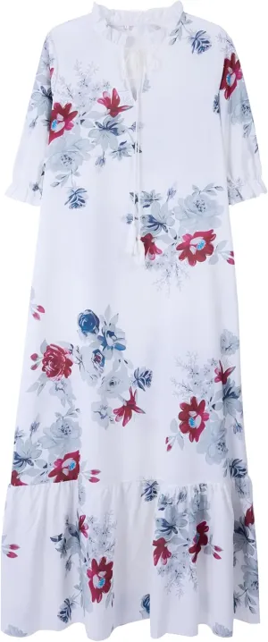 Women's Boho Floral Pleated Maxi Dress Casual Summer Ruffle Half Sleeve V Neck Bohemian Printed Loose Dresses