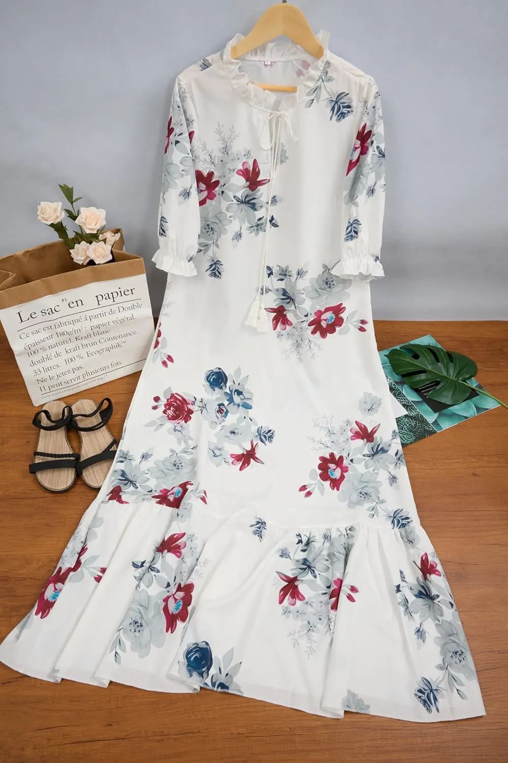 Women's Boho Floral Pleated Maxi Dress Casual Summer Ruffle Half Sleeve V Neck Bohemian Printed Loose Dresses