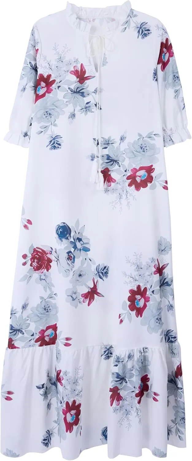 Women's Boho Floral Pleated Maxi Dress Casual Summer Ruffle Half Sleeve V Neck Bohemian Printed Loose Dresses