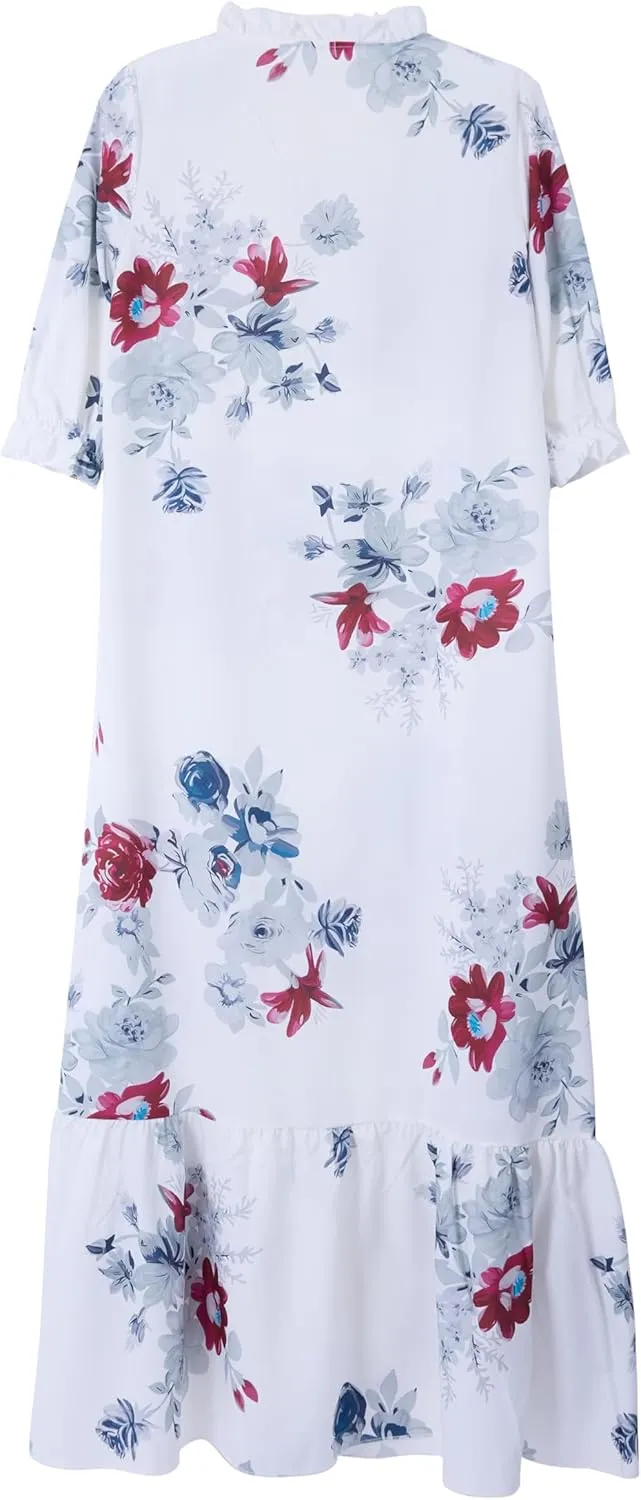 Women's Boho Floral Pleated Maxi Dress Casual Summer Ruffle Half Sleeve V Neck Bohemian Printed Loose Dresses