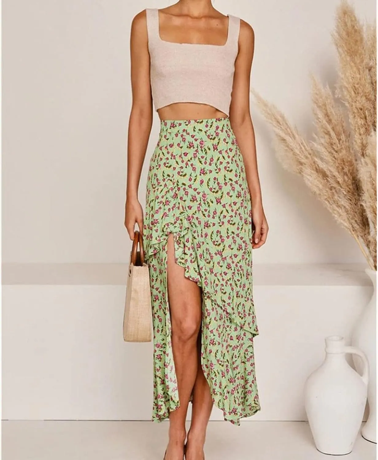 Women's Boho Floral Wrap Maxi Skirt Elastic Tiered Ruffle Polka Dot Pleated Midi Skirt High Waisted Long Swing Skirt