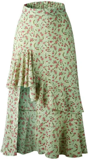 Women's Boho Floral Wrap Maxi Skirt Elastic Tiered Ruffle Polka Dot Pleated Midi Skirt High Waisted Long Swing Skirt