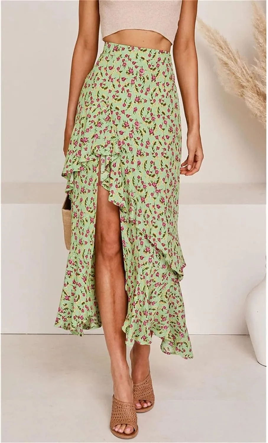 Women's Boho Floral Wrap Maxi Skirt Elastic Tiered Ruffle Polka Dot Pleated Midi Skirt High Waisted Long Swing Skirt