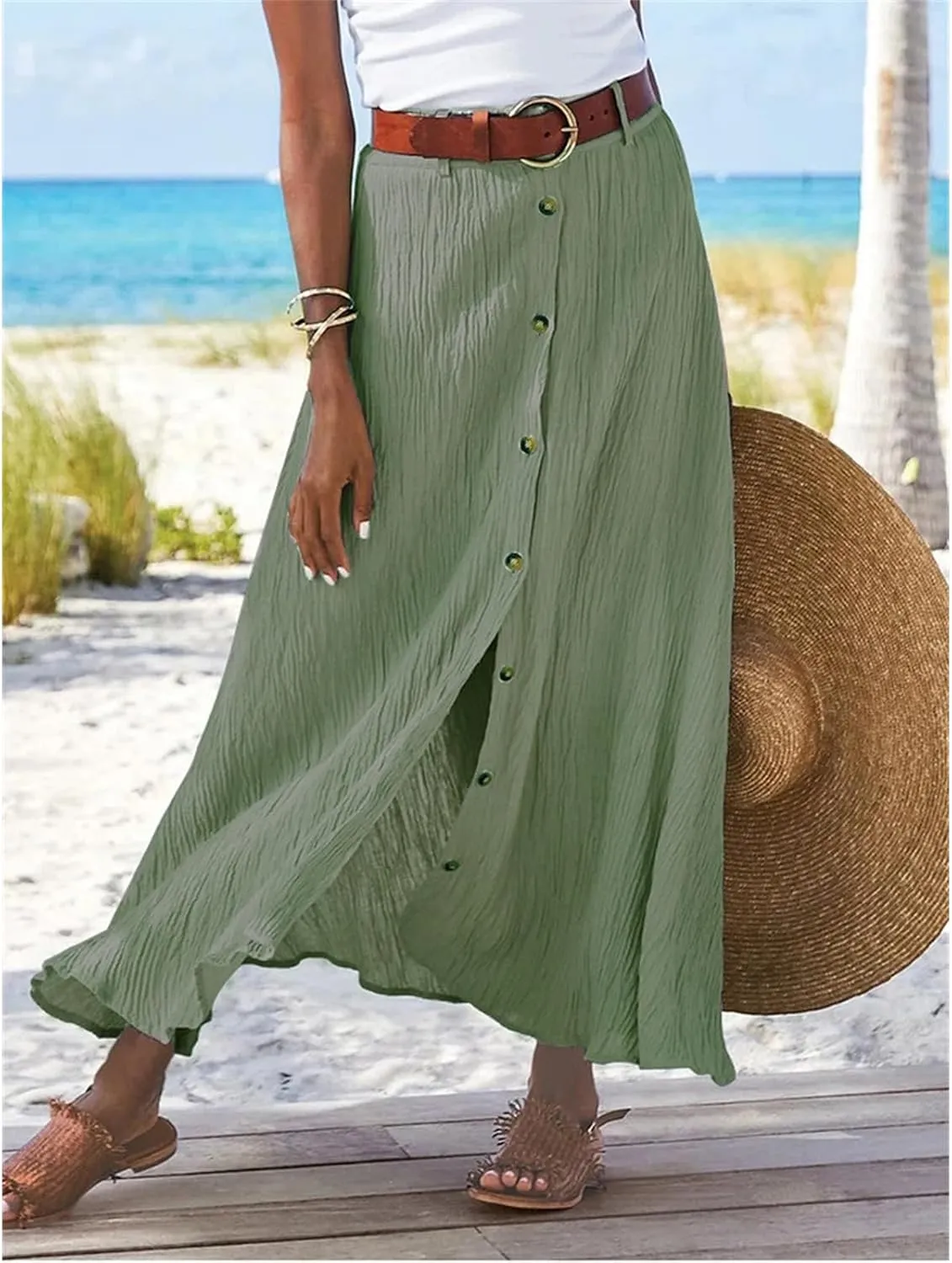 Womens Button Flowy Maxi Skirt 2025 Summer Casual High Waist A-Line Tiered Skirt Beach Vacation Outfits