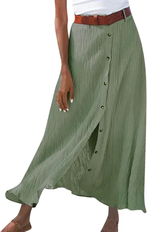 Womens Button Flowy Maxi Skirt 2025 Summer Casual High Waist A-Line Tiered Skirt Beach Vacation Outfits