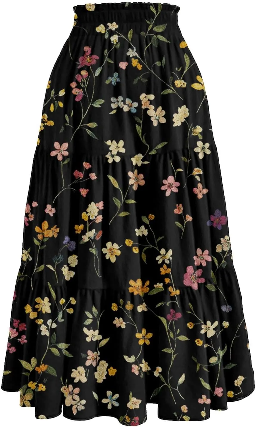 Women's Casual Beach Skirt Floral Elastic High Waist Pleated A-Line Flared Midi Skirts, S-XL