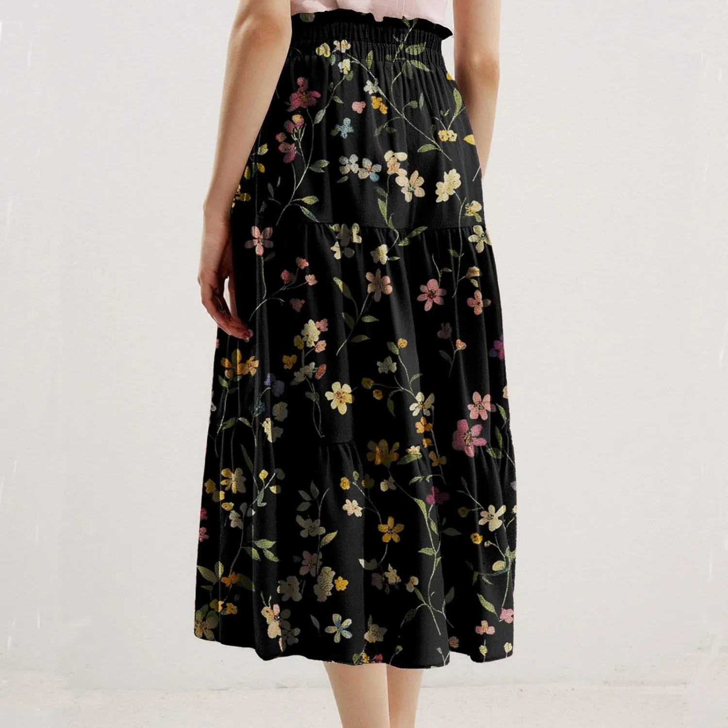 Women's Casual Beach Skirt Floral Elastic High Waist Pleated A-Line Flared Midi Skirts, S-XL