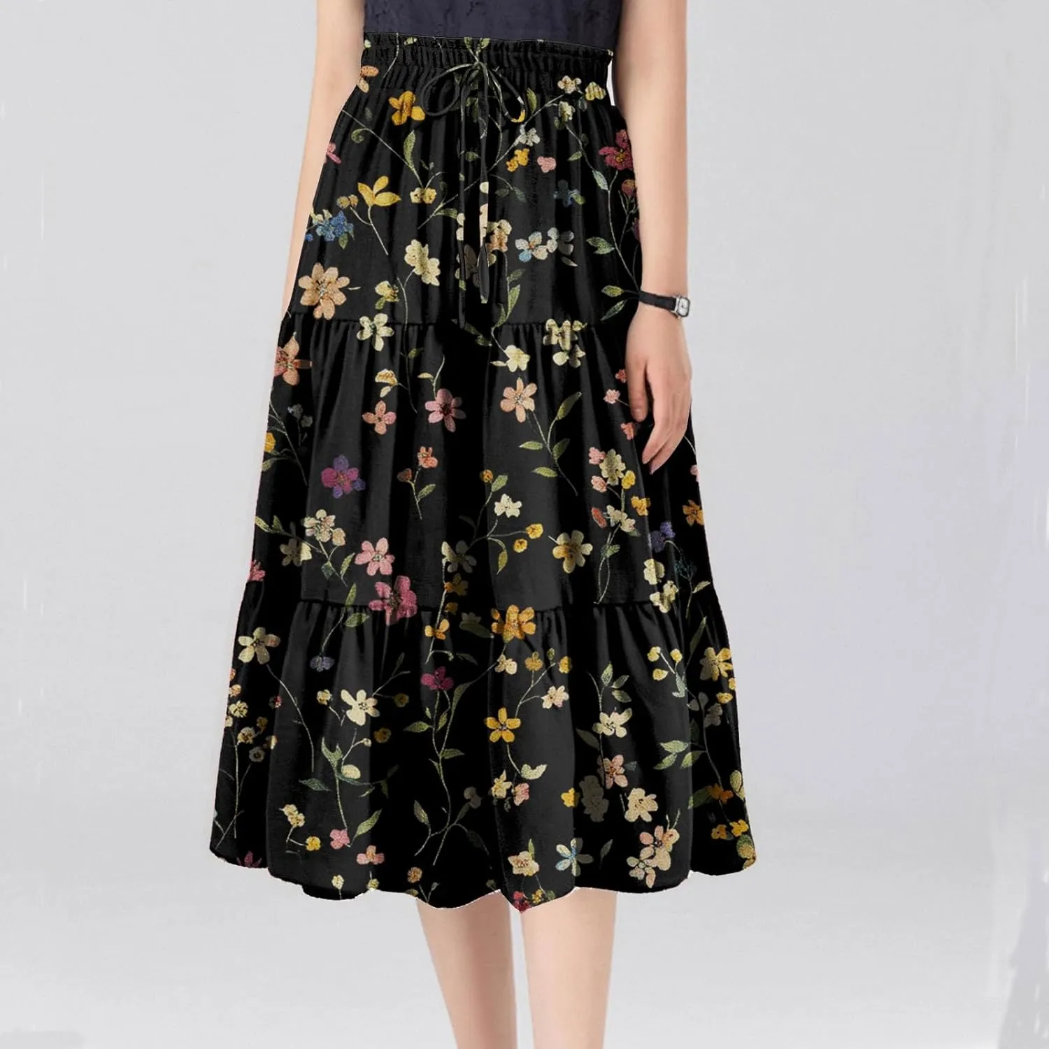 Women's Casual Beach Skirt Floral Elastic High Waist Pleated A-Line Flared Midi Skirts, S-XL