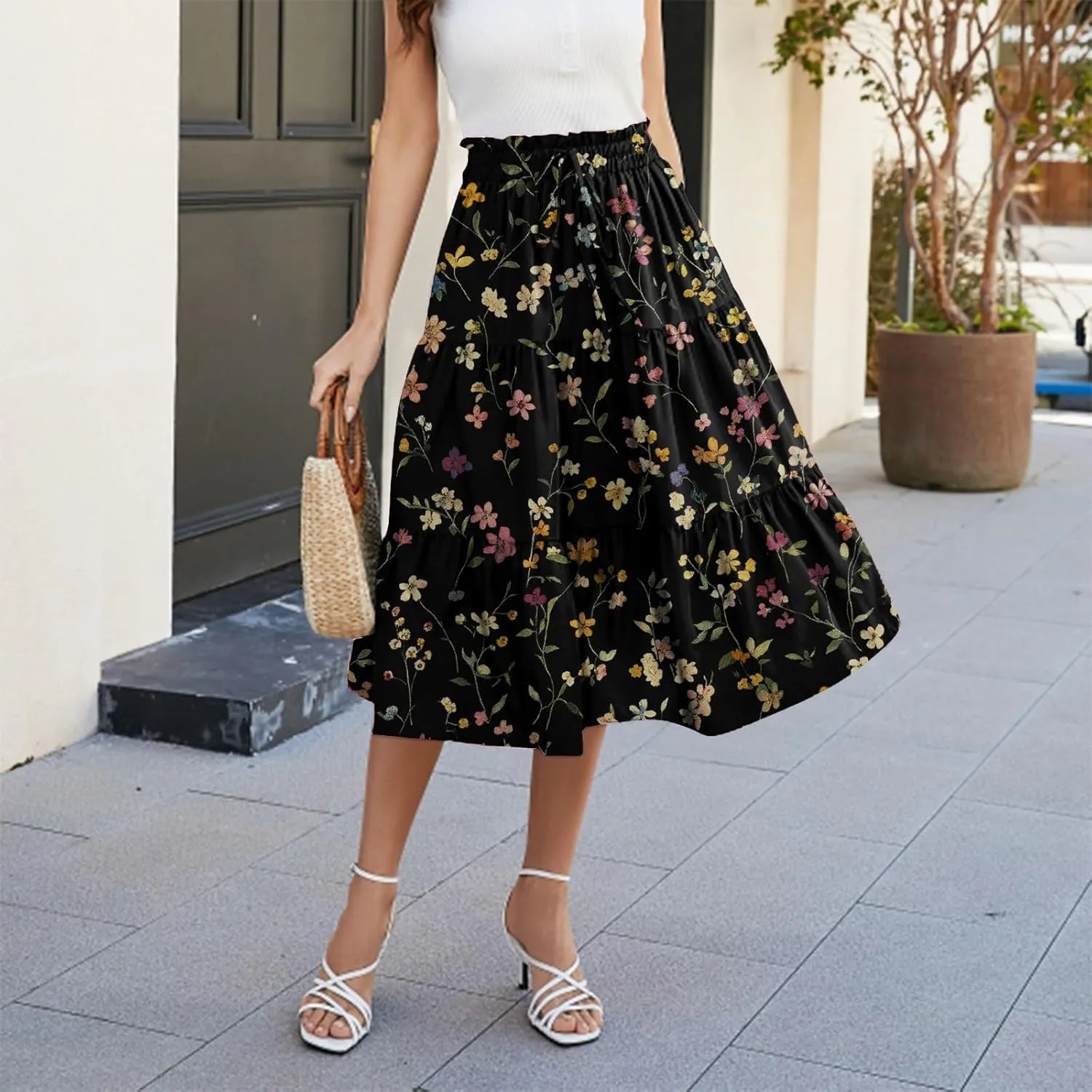 Women's Casual Beach Skirt Floral Elastic High Waist Pleated A-Line Flared Midi Skirts, S-XL