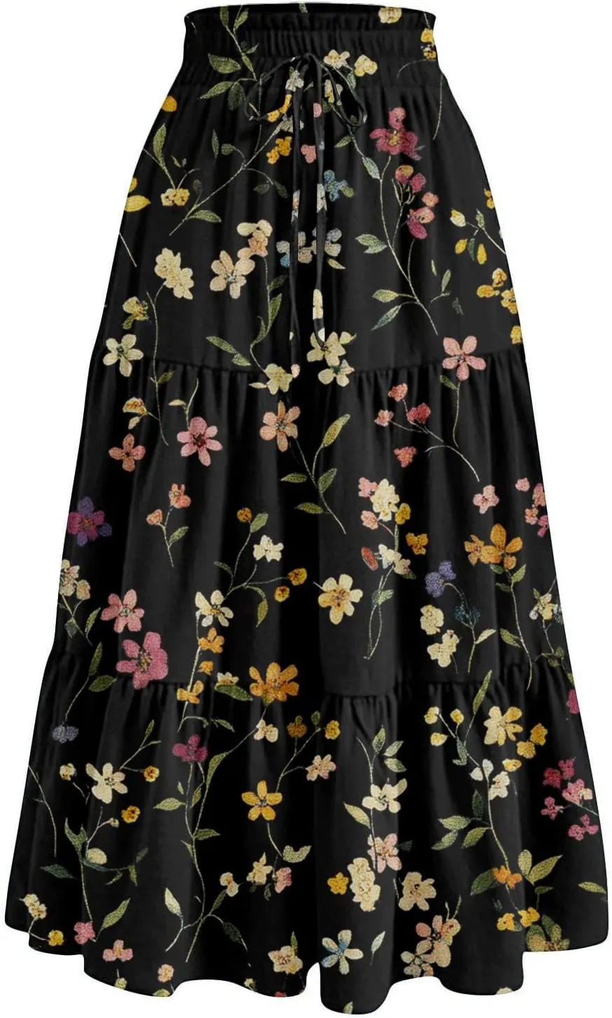 Women's Casual Beach Skirt Floral Elastic High Waist Pleated A-Line Flared Midi Skirts, S-XL
