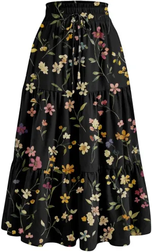 Women's Casual Beach Skirt Floral Elastic High Waist Pleated A-Line Flared Midi Skirts, S-XL
