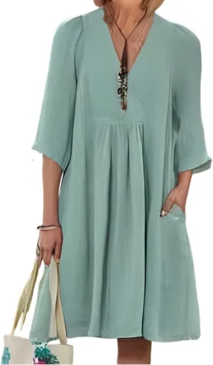 Womens Casual Cotton Linen Wrap V Neck 3/4 Sleeve Tshirt Dress Spring Summer Loose Tunic Flowy Midi Dress with Pockets