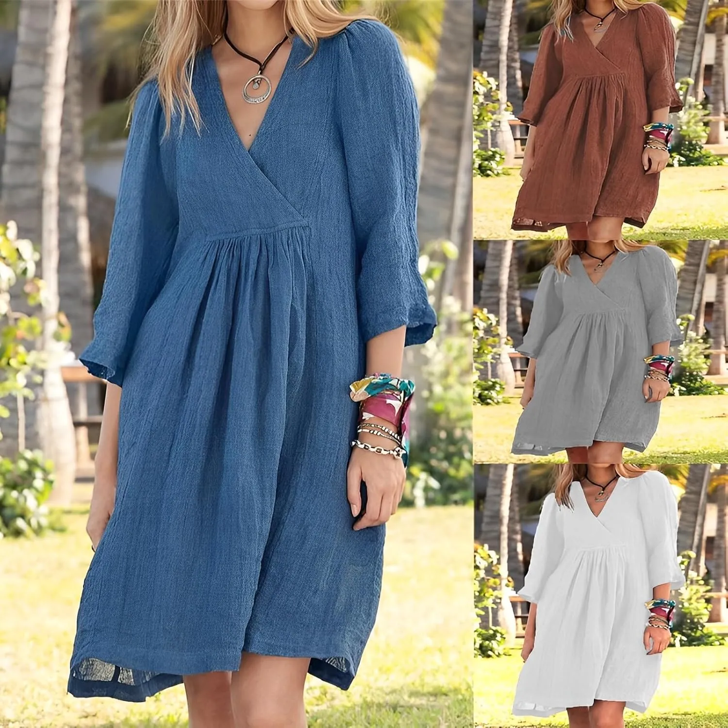 Womens Casual Cotton Linen Wrap V Neck 3/4 Sleeve Tshirt Dress Spring Summer Loose Tunic Flowy Midi Dress with Pockets