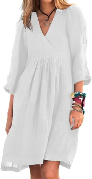 Womens Casual Cotton Linen Wrap V Neck 3/4 Sleeve Tshirt Dress Spring Summer Loose Tunic Flowy Midi Dress with Pockets