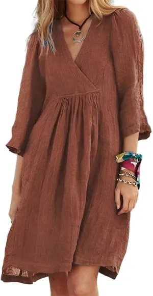 Womens Casual Cotton Linen Wrap V Neck 3/4 Sleeve Tshirt Dress Spring Summer Loose Tunic Flowy Midi Dress with Pockets