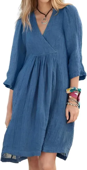 Womens Casual Cotton Linen Wrap V Neck 3/4 Sleeve Tshirt Dress Spring Summer Loose Tunic Flowy Midi Dress with Pockets