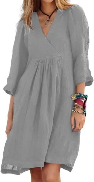 Womens Casual Cotton Linen Wrap V Neck 3/4 Sleeve Tshirt Dress Spring Summer Loose Tunic Flowy Midi Dress with Pockets