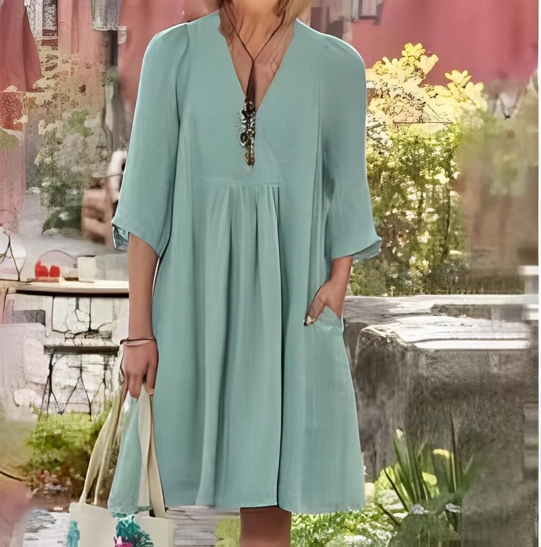 Womens Casual Cotton Linen Wrap V Neck 3/4 Sleeve Tshirt Dress Spring Summer Loose Tunic Flowy Midi Dress with Pockets