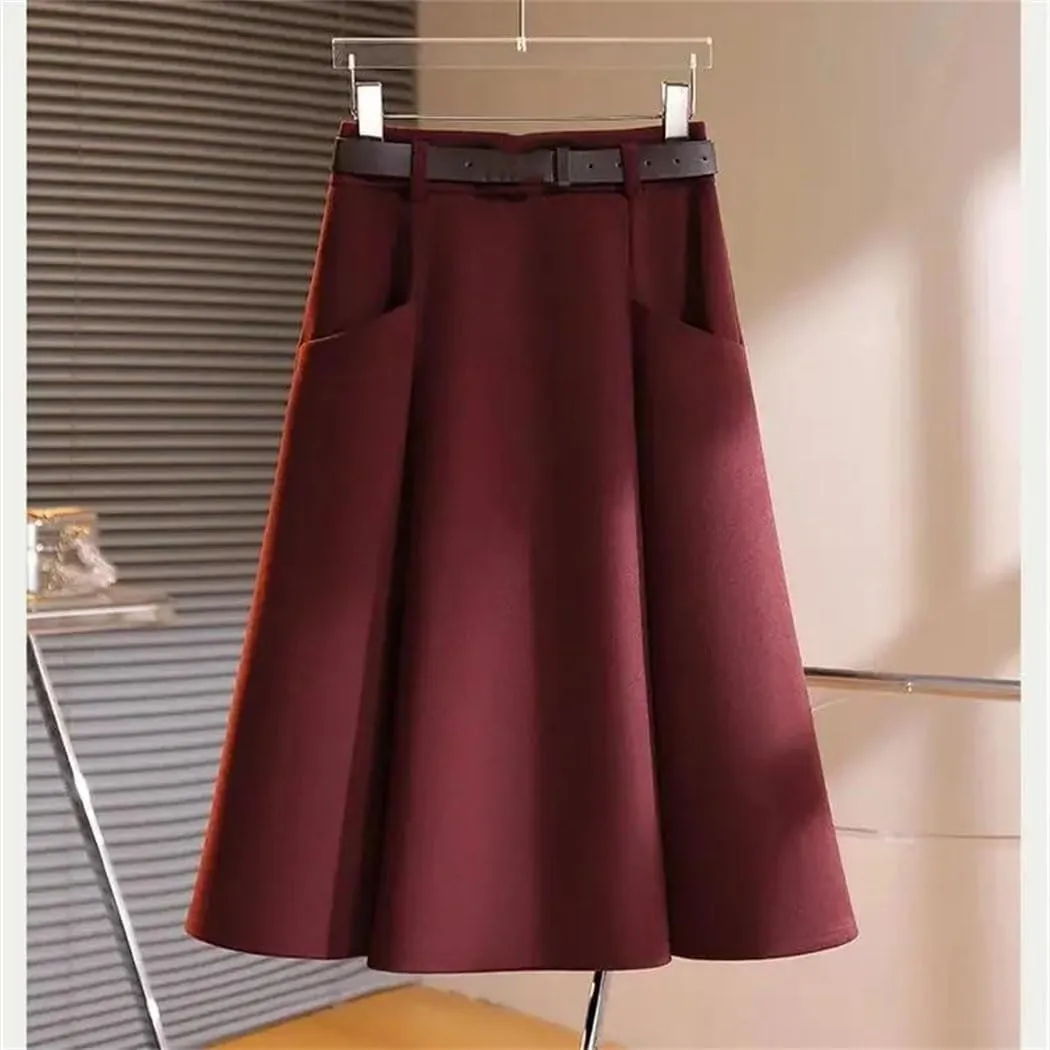Women's Casual High-Waisted Pleated Skirt with Pockets Solid Long Vintage A-line Strappy Skirts