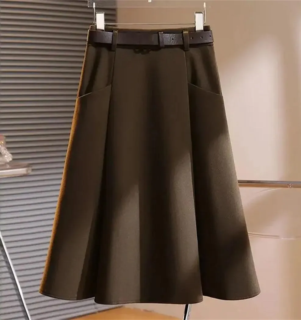 Women's Casual High-Waisted Pleated Skirt with Pockets Solid Long Vintage A-line Strappy Skirts