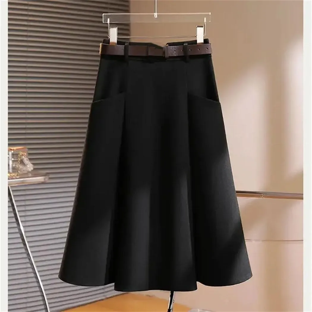 Women's Casual High-Waisted Pleated Skirt with Pockets Solid Long Vintage A-line Strappy Skirts