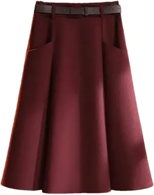Women's Casual High-Waisted Pleated Skirt with Pockets Solid Long Vintage A-line Strappy Skirts