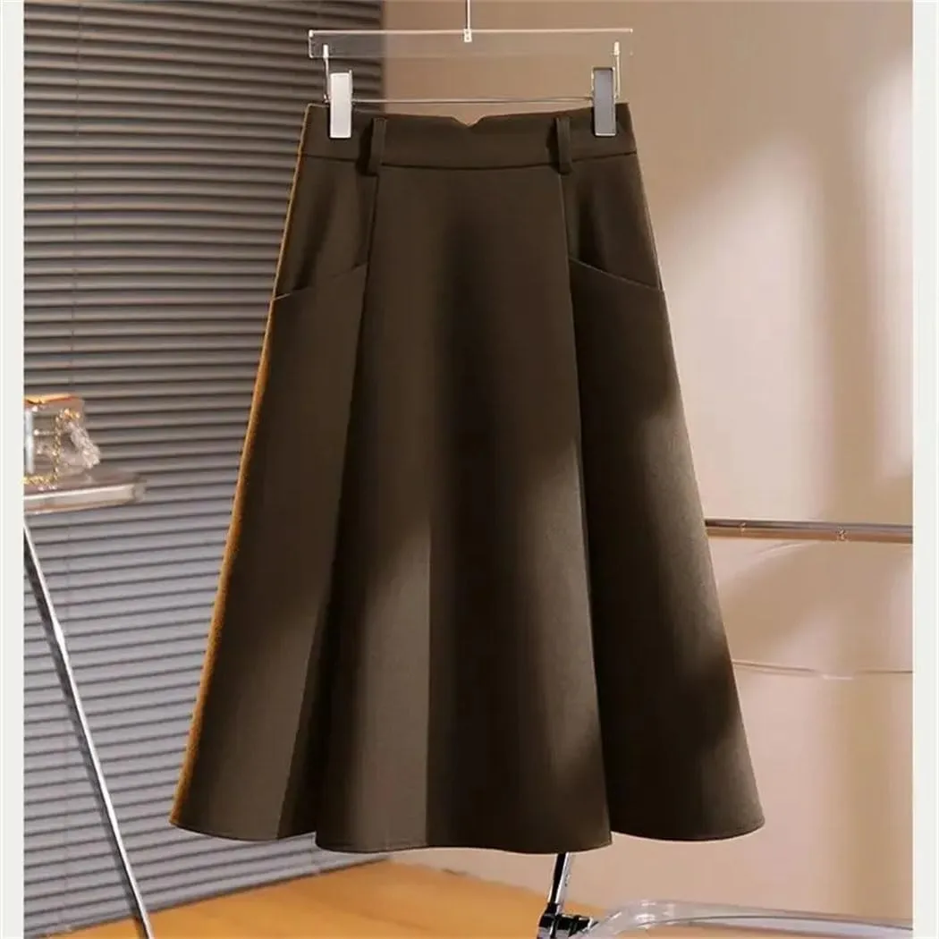Women's Casual High-Waisted Pleated Skirt with Pockets Solid Long Vintage A-line Strappy Skirts