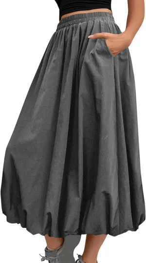 Womens Casual Solid Boho High Waisted Flowy Maxi Skirts Trendy Cute Long Skirts with Pockets 2025 Summer Fashion