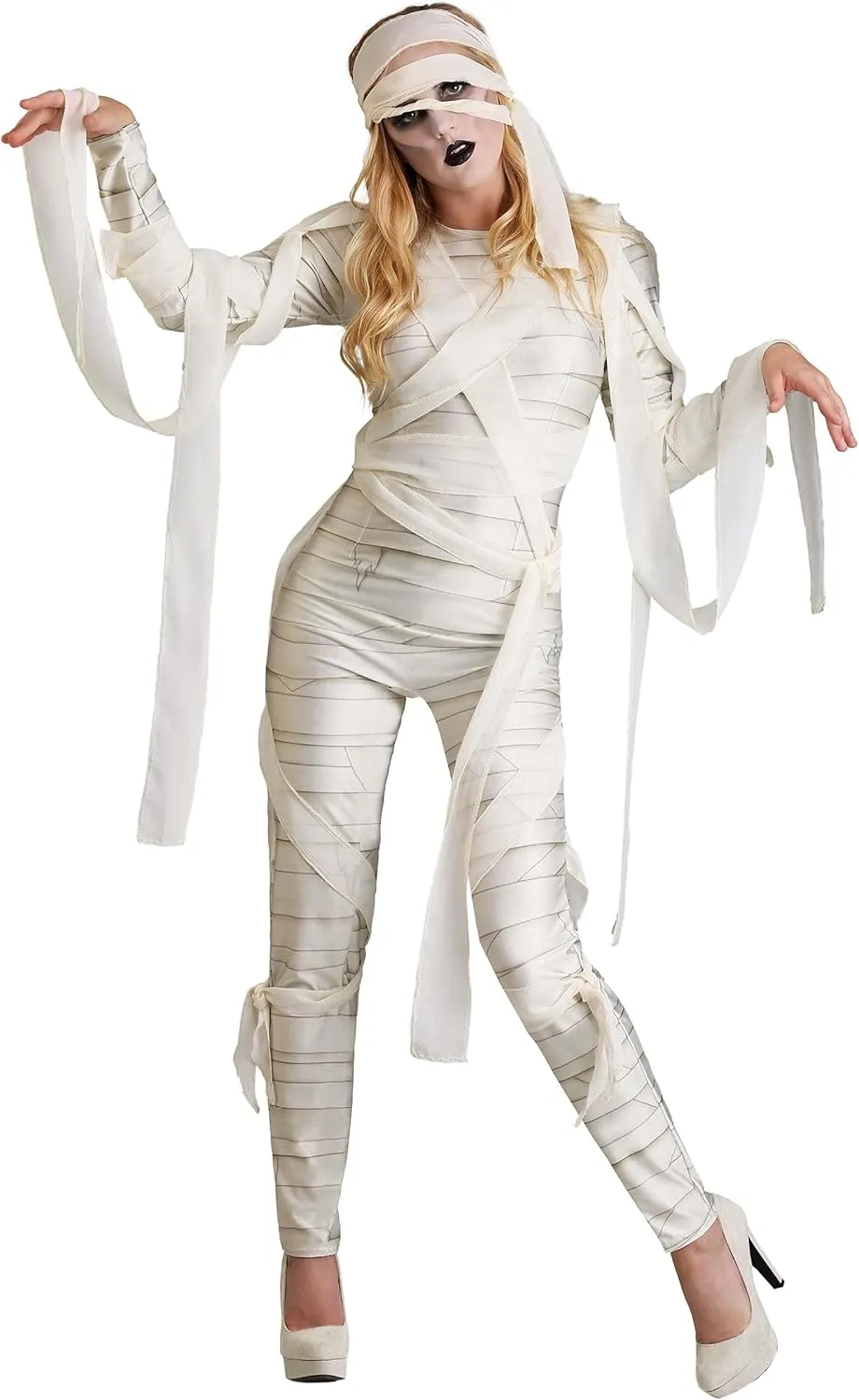 Women's Classic Mummy Halloween Costume Jumpsuit with Draping Fabric & Headwrap