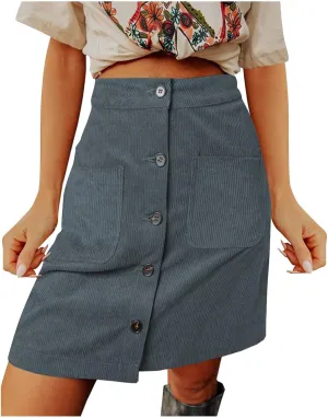 Women's Corduroy Midi Skirts High Waist Button Front A-Line Skirt Solid Slim Fit Knee Length Vintage