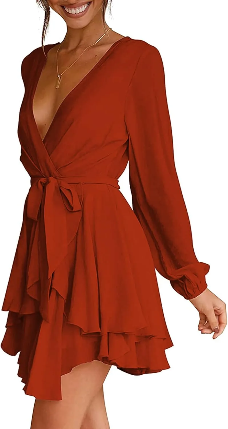 Women's Dress Deep V-Neck Long Sleeve Waist Tie Ruffle Mini Swing Skater Homecoming Dresses