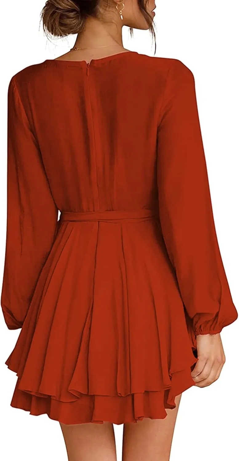 Women's Dress Deep V-Neck Long Sleeve Waist Tie Ruffle Mini Swing Skater Homecoming Dresses