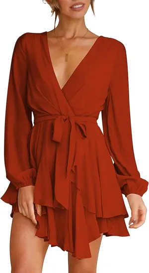 Women's Dress Deep V-Neck Long Sleeve Waist Tie Ruffle Mini Swing Skater Homecoming Dresses