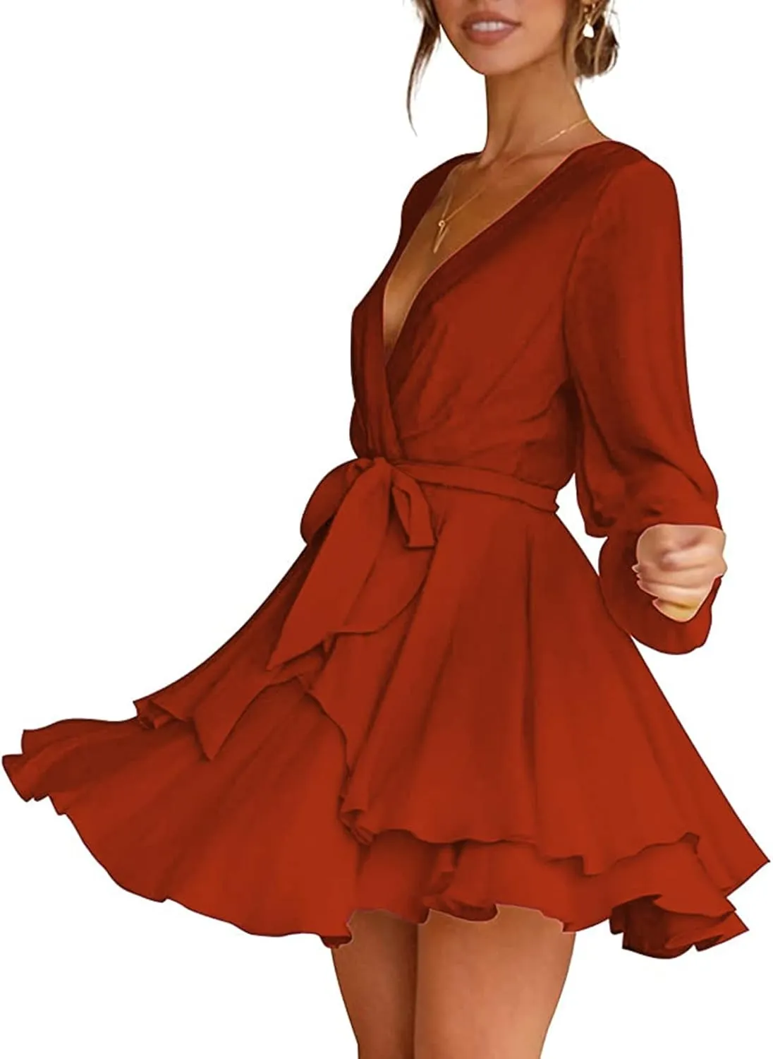 Women's Dress Deep V-Neck Long Sleeve Waist Tie Ruffle Mini Swing Skater Homecoming Dresses
