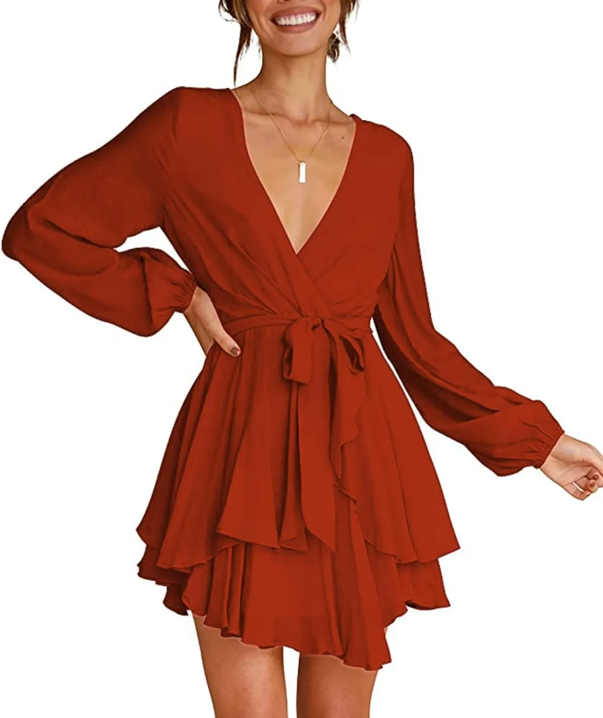 Women's Dress Deep V-Neck Long Sleeve Waist Tie Ruffle Mini Swing Skater Homecoming Dresses