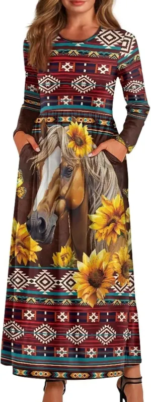 Women's Fall Casual Long Maxi Beach Holiday Dress Long Sleeve Pleated Flowy Dresses with Pockets