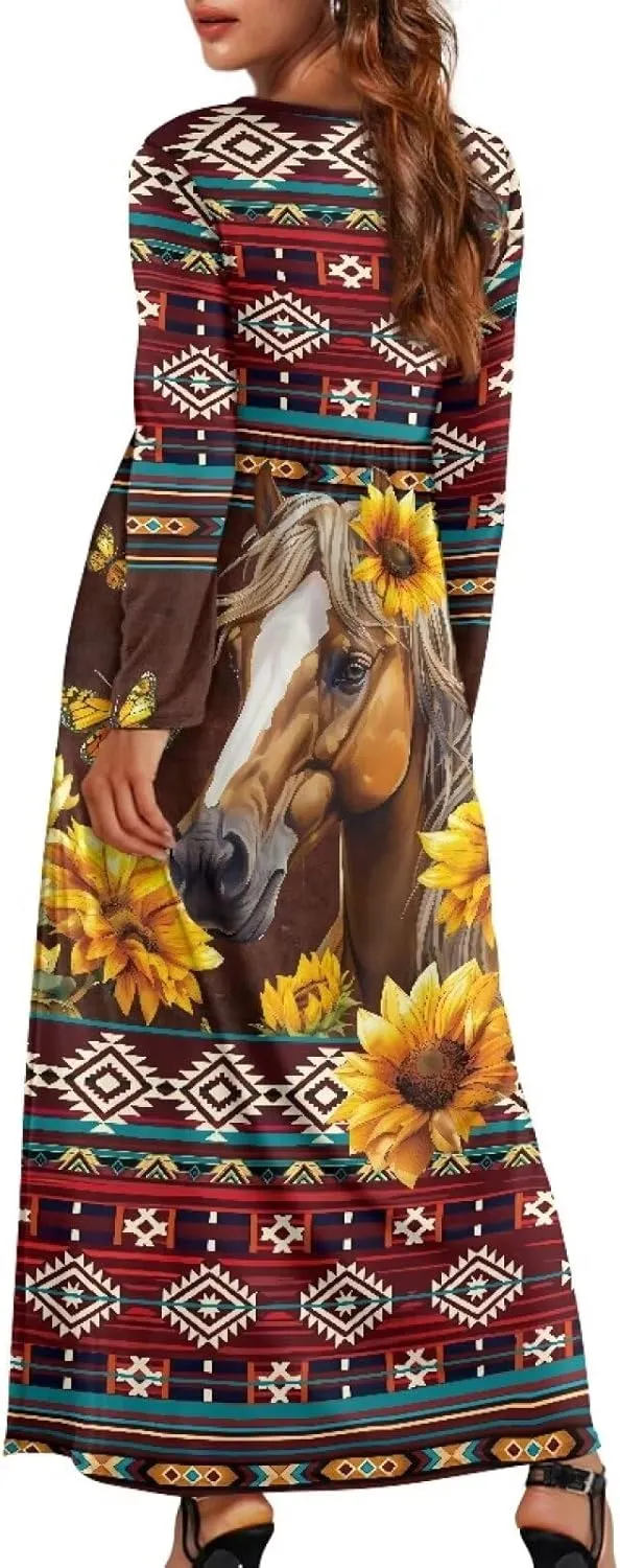Women's Fall Casual Long Maxi Beach Holiday Dress Long Sleeve Pleated Flowy Dresses with Pockets