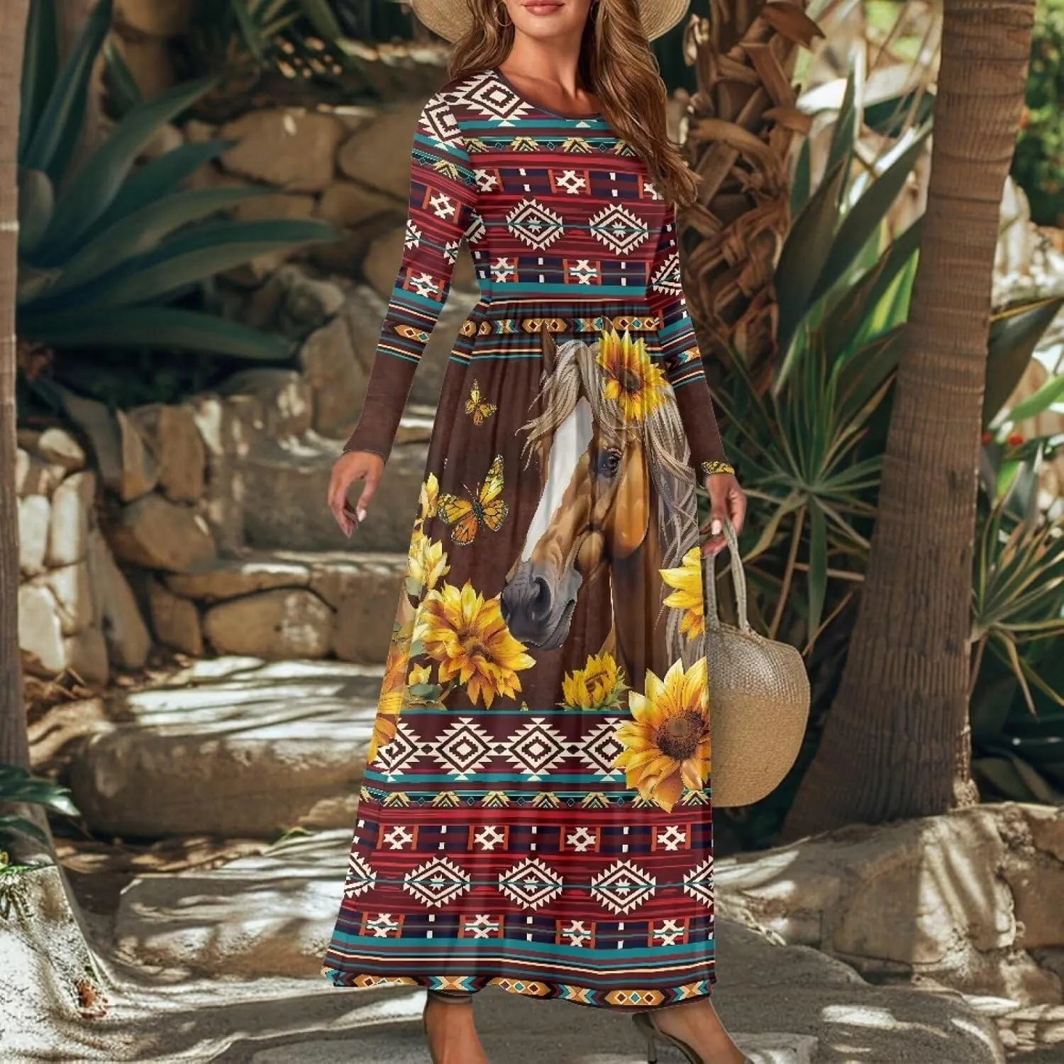 Women's Fall Casual Long Maxi Beach Holiday Dress Long Sleeve Pleated Flowy Dresses with Pockets