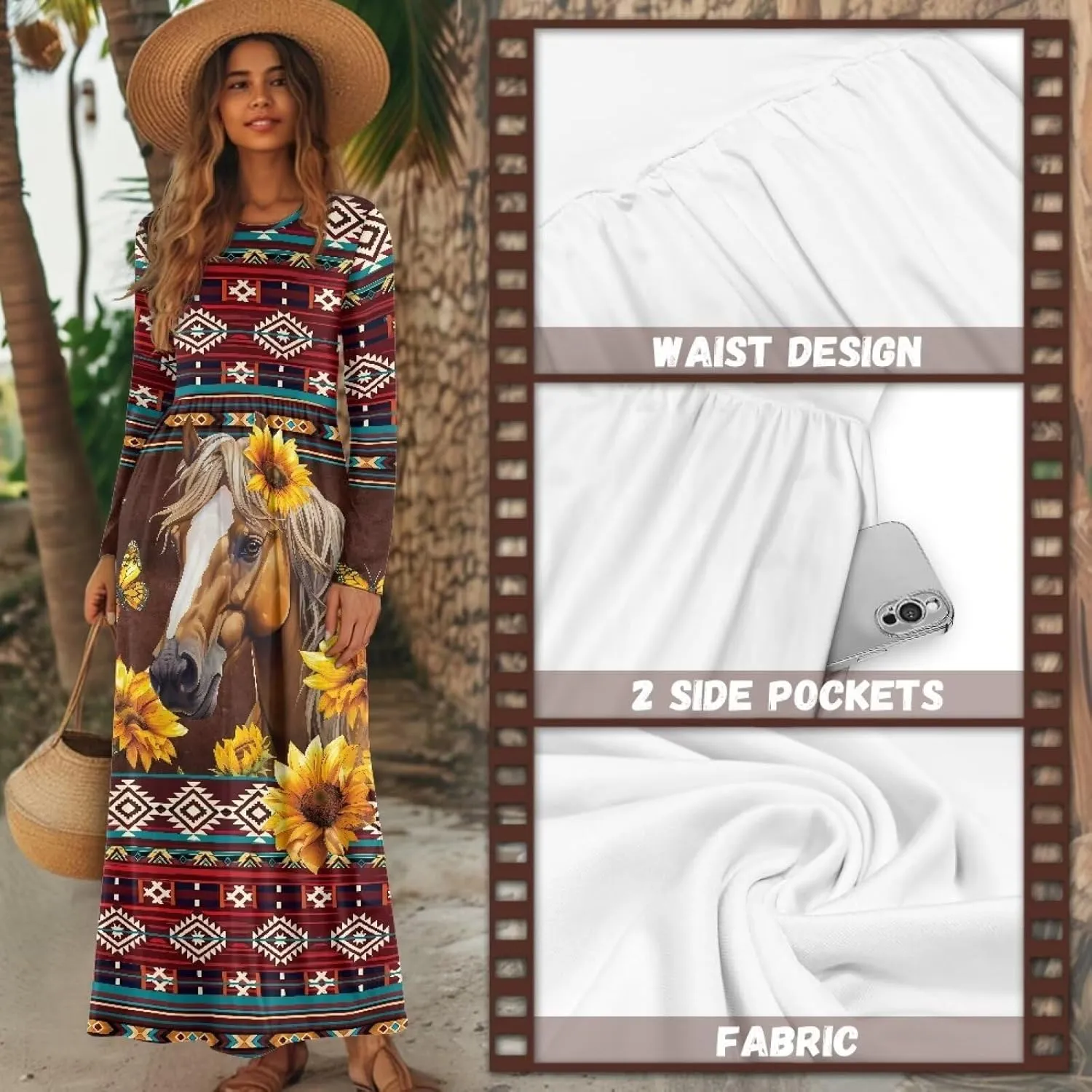 Women's Fall Casual Long Maxi Beach Holiday Dress Long Sleeve Pleated Flowy Dresses with Pockets