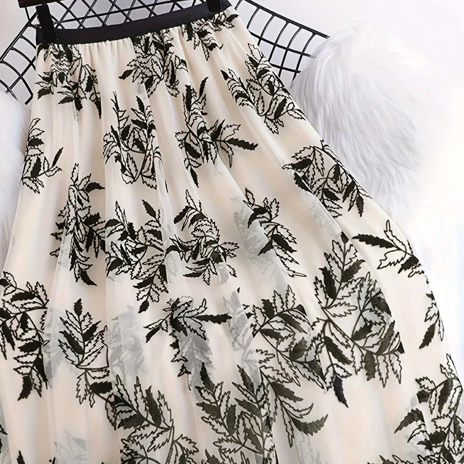 Womens Floral Embroidery Midi Skirts Dressy Elastic High Waisted A Line Cute Layered Fairy Mesh Tulle Pleated Skirt