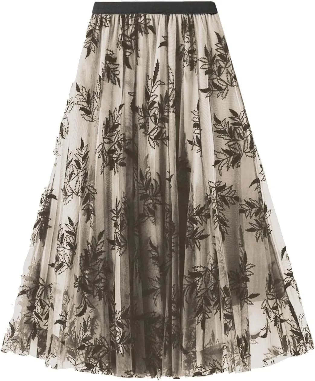 Womens Floral Embroidery Midi Skirts Dressy Elastic High Waisted A Line Cute Layered Fairy Mesh Tulle Pleated Skirt