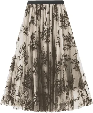 Womens Floral Embroidery Midi Skirts Dressy Elastic High Waisted A Line Cute Layered Fairy Mesh Tulle Pleated Skirt