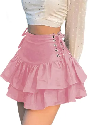 Womens Gothic Skirt Y2k 2000s Girl Mall Goth Punk Skirts High Waist Lace-Up Ruffle Fairy Grunge Mini Skirts