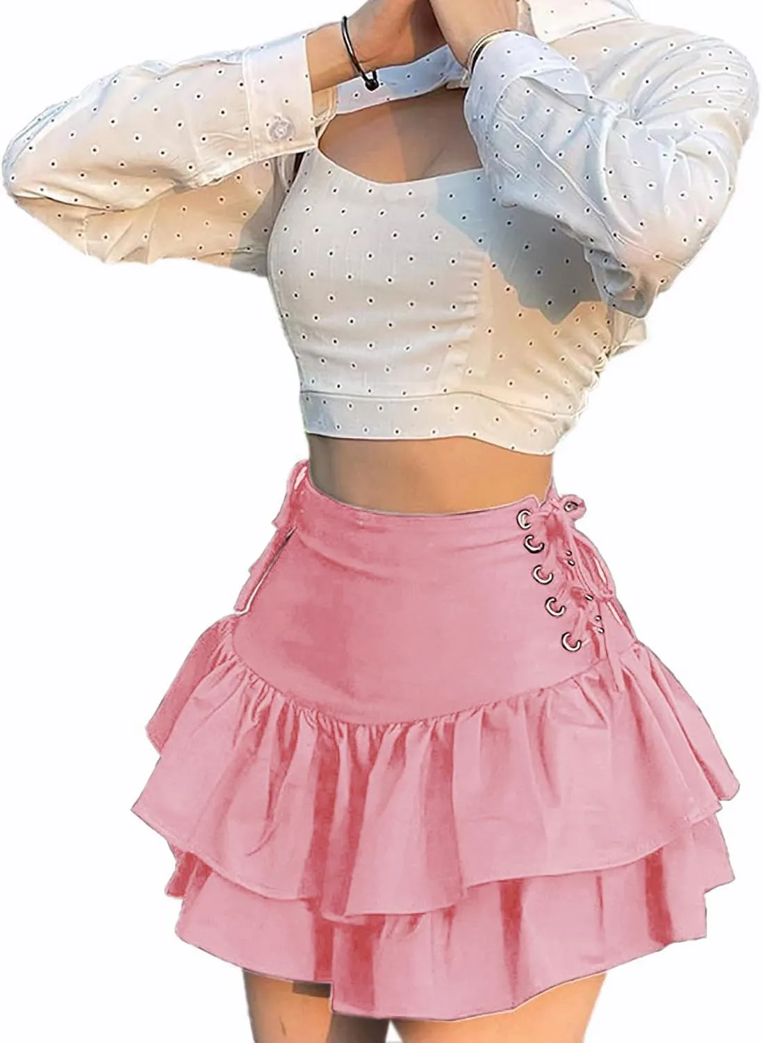 Womens Gothic Skirt Y2k 2000s Girl Mall Goth Punk Skirts High Waist Lace-Up Ruffle Fairy Grunge Mini Skirts