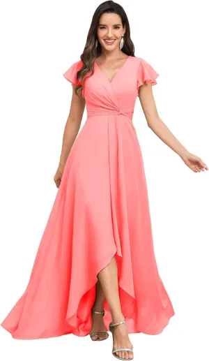 Women's High Low V-Neck Bridesmaid Dresses with Sleeves for Wedding Long Chiffon Formal Dress