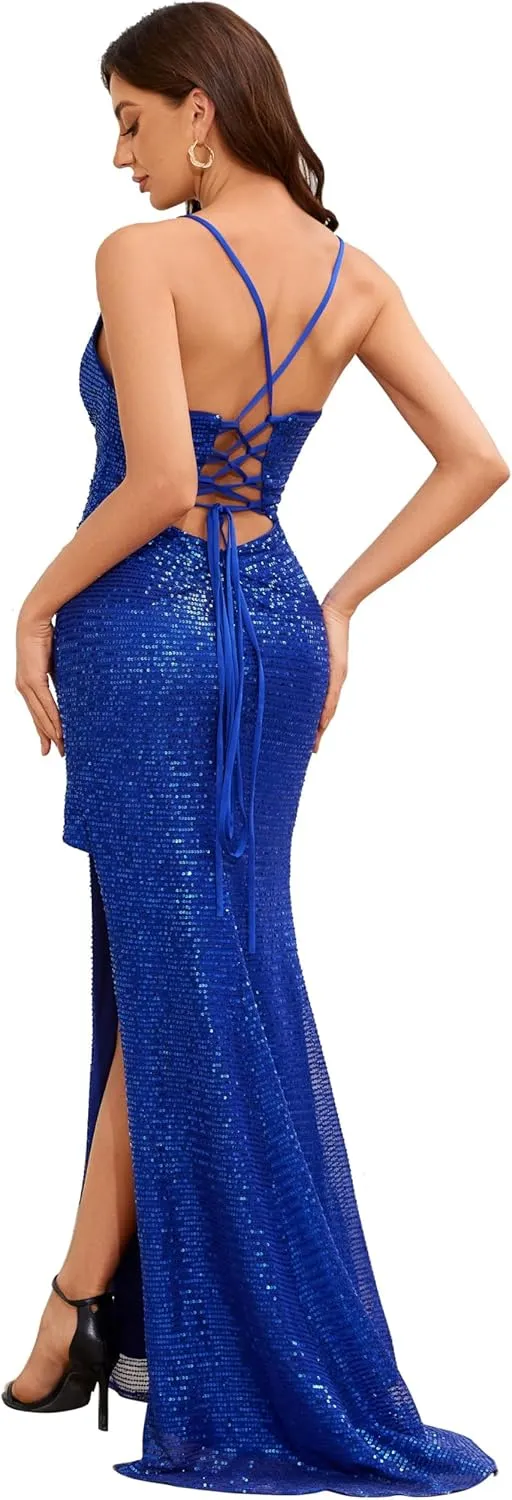 Women's Long Sequin V-Neck Mermaid Formal Dress Backless Slit Sparkly Glitter Cocktail Dresses Ruched Prom Dress