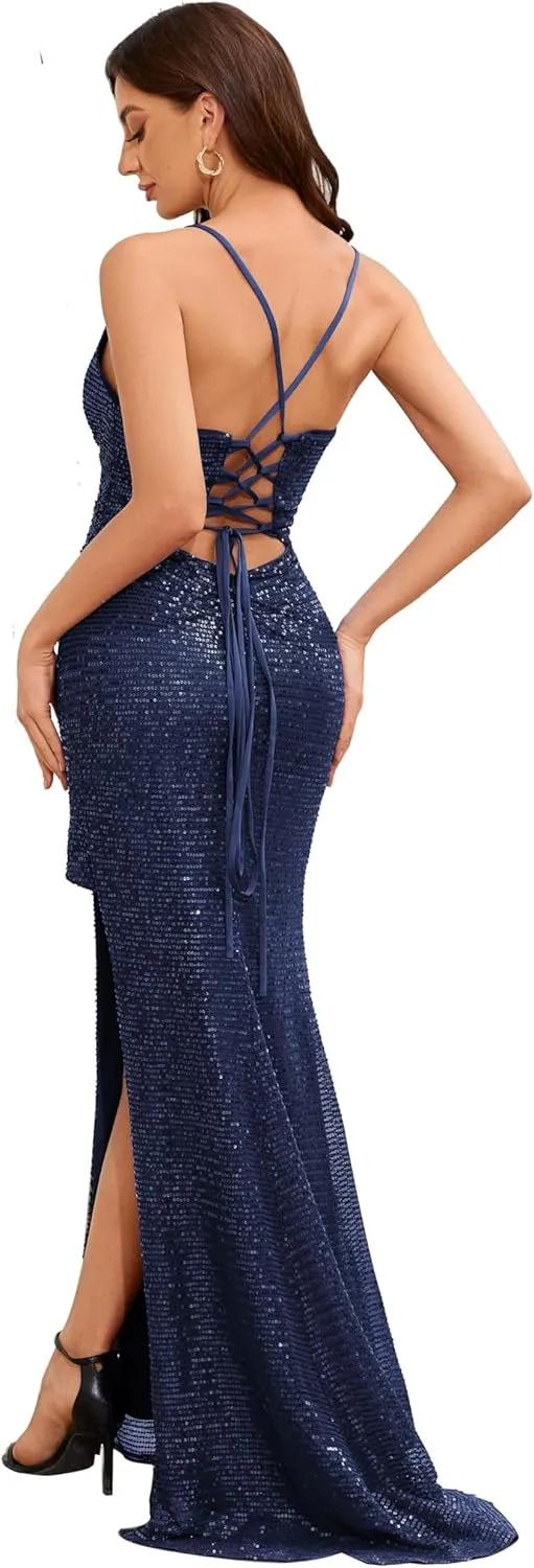 Women's Long Sequin V-Neck Mermaid Formal Dress Backless Slit Sparkly Glitter Cocktail Dresses Ruched Prom Dress