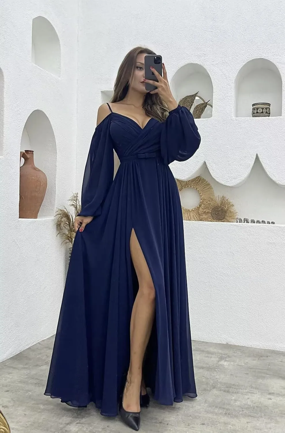 Women's Long Sleeves Bridesmaid Dresses for Wedding Off The Shoulder Chiffon Formal Dress with Slit