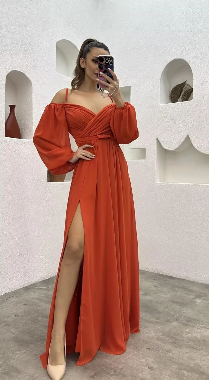 Women's Long Sleeves Bridesmaid Dresses for Wedding Off The Shoulder Chiffon Formal Dress with Slit