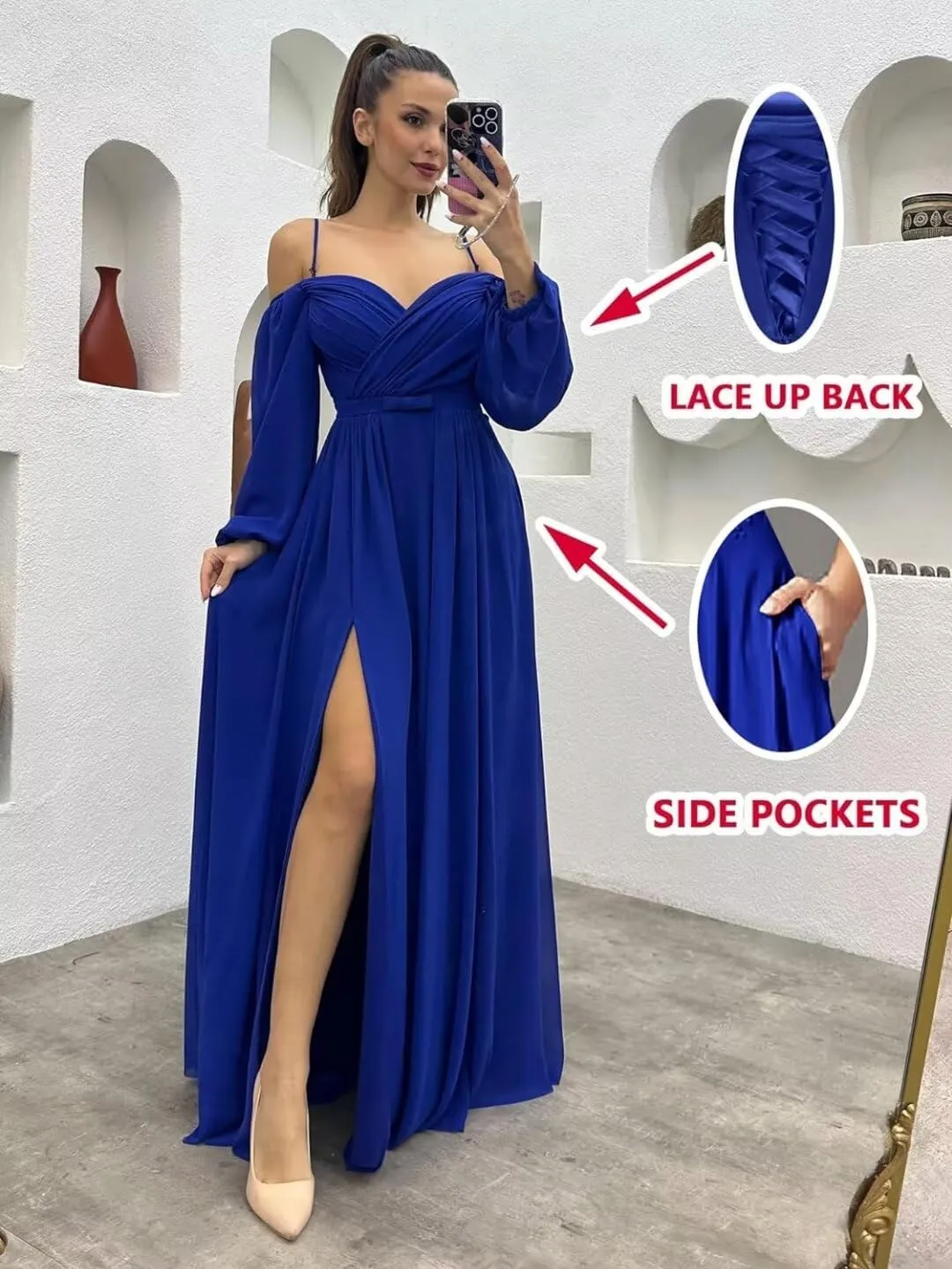 Women's Long Sleeves Bridesmaid Dresses for Wedding Off The Shoulder Chiffon Formal Dress with Slit